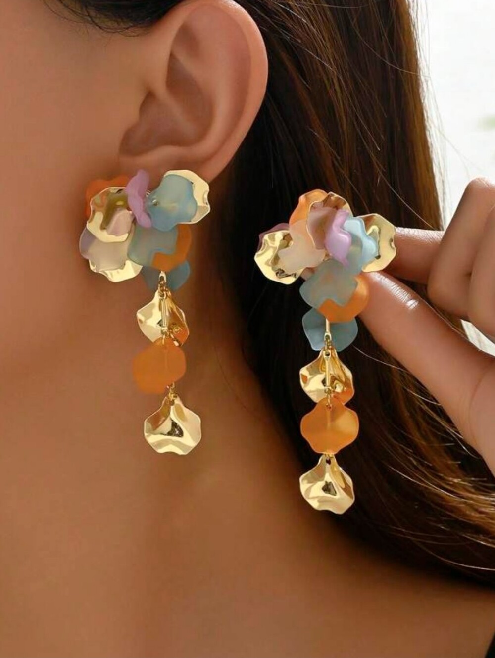 Multicolor Petal Drop Earrings with Gold Accents